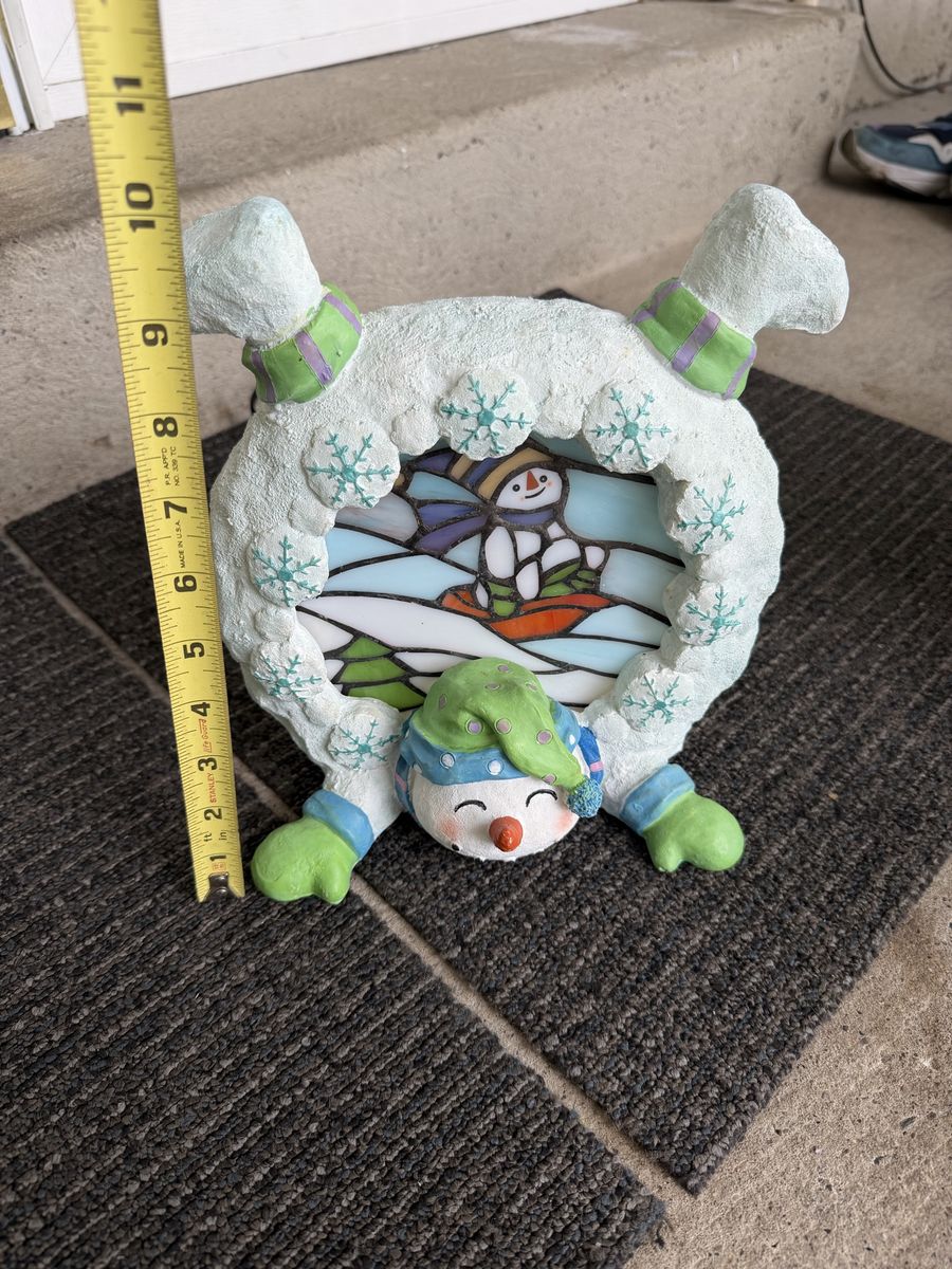 Whimsical Snowman Stained Glass Style Lighted Tabletop Christmas Decoration Frame
