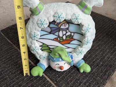 Whimsical Snowman Stained Glass Style Lighted Tabletop Christmas Decoration Frame
