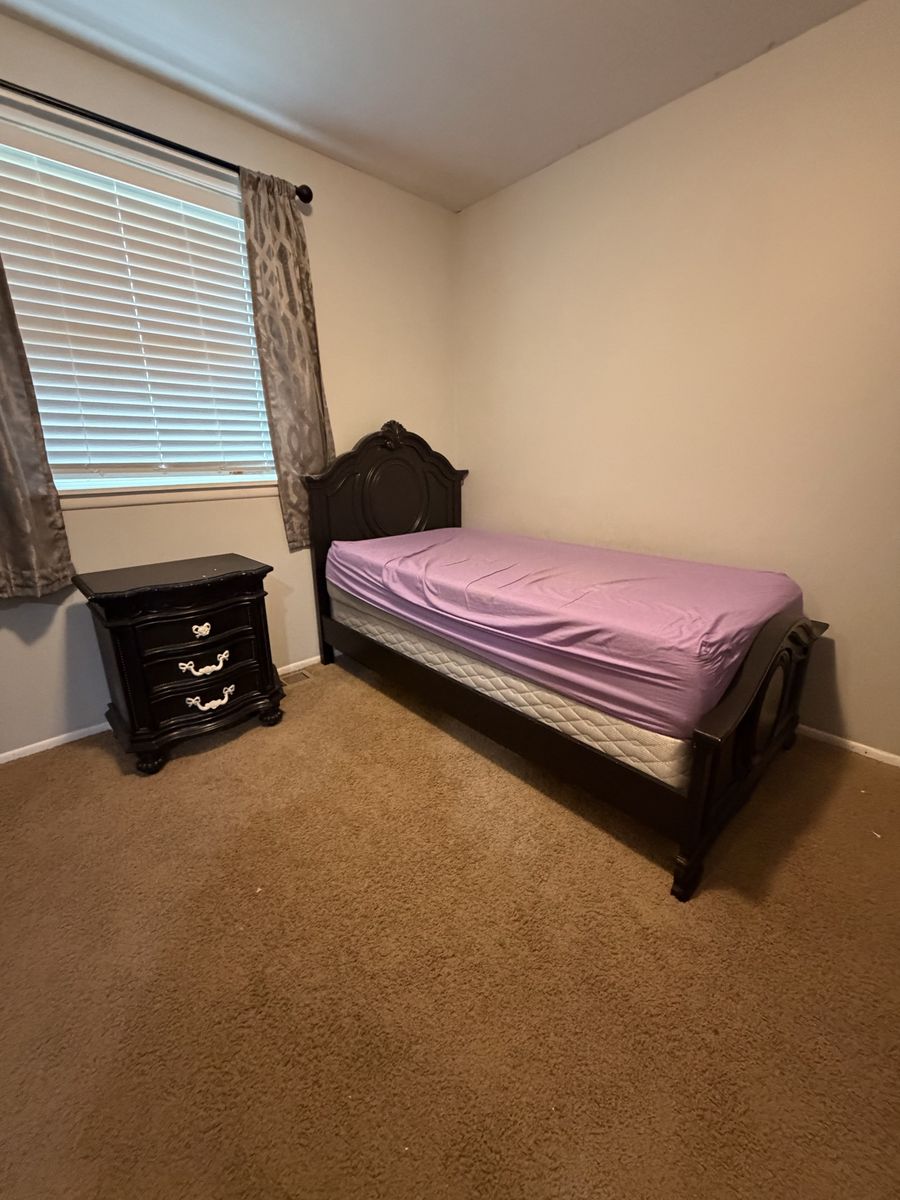 Black Wooden Twin Bed Frame, Dresser with Mirror, and Nightstand