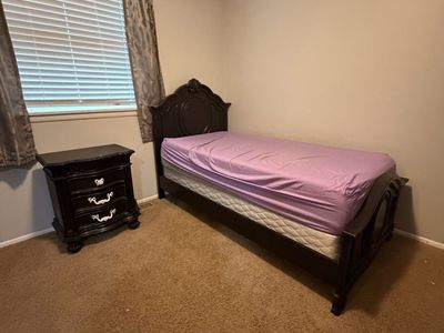 Black Wooden Twin Bed Frame, Dresser with Mirror, and Nightstand