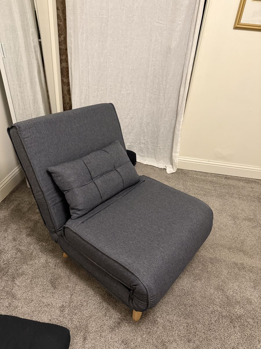 Convertible Floor Chair Chaise Lounge Gray Foldable with Adjustable Back Pillow