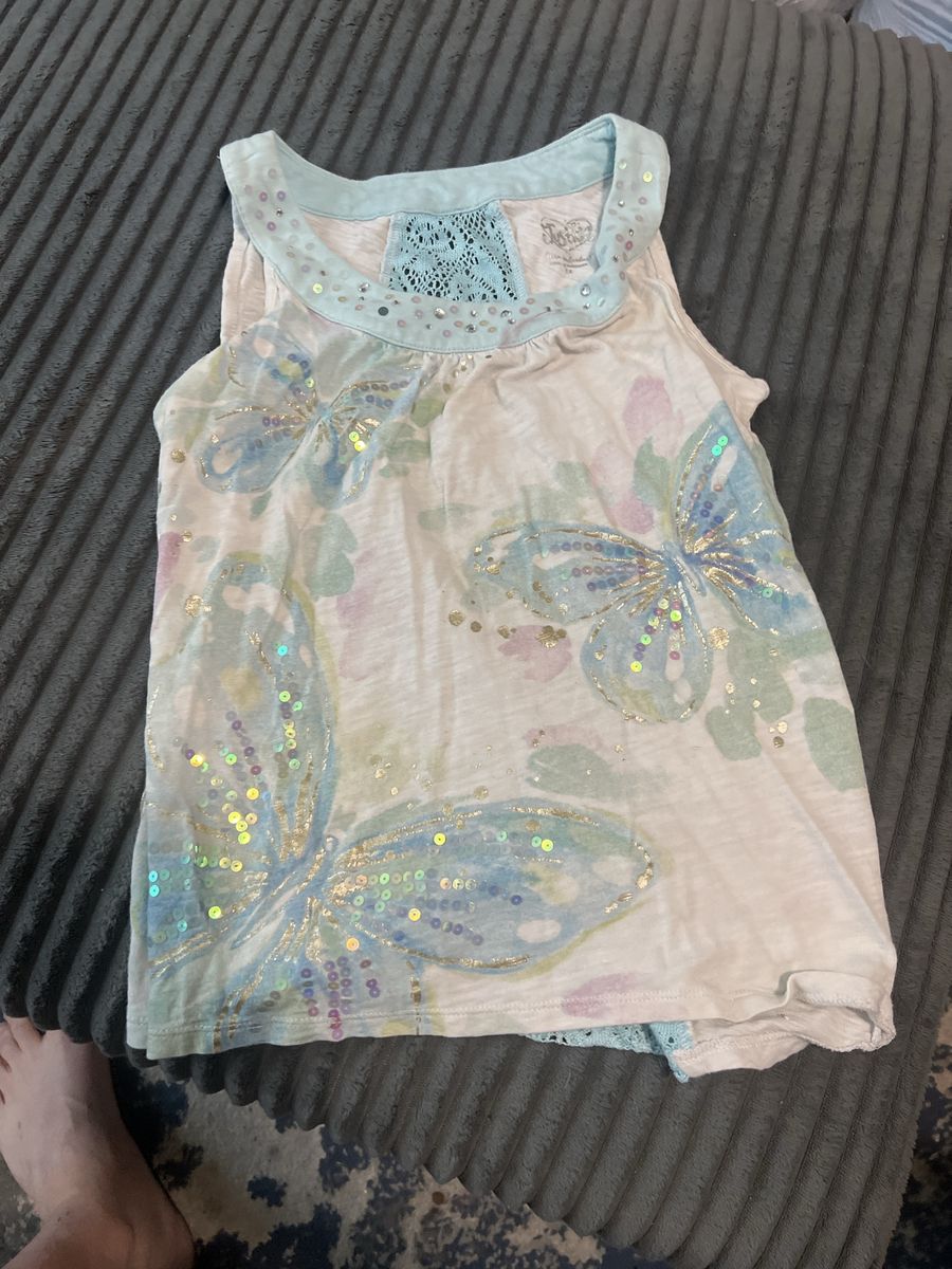 Justice Girls Butterfly Sequin Tank Top White Blue Size Large