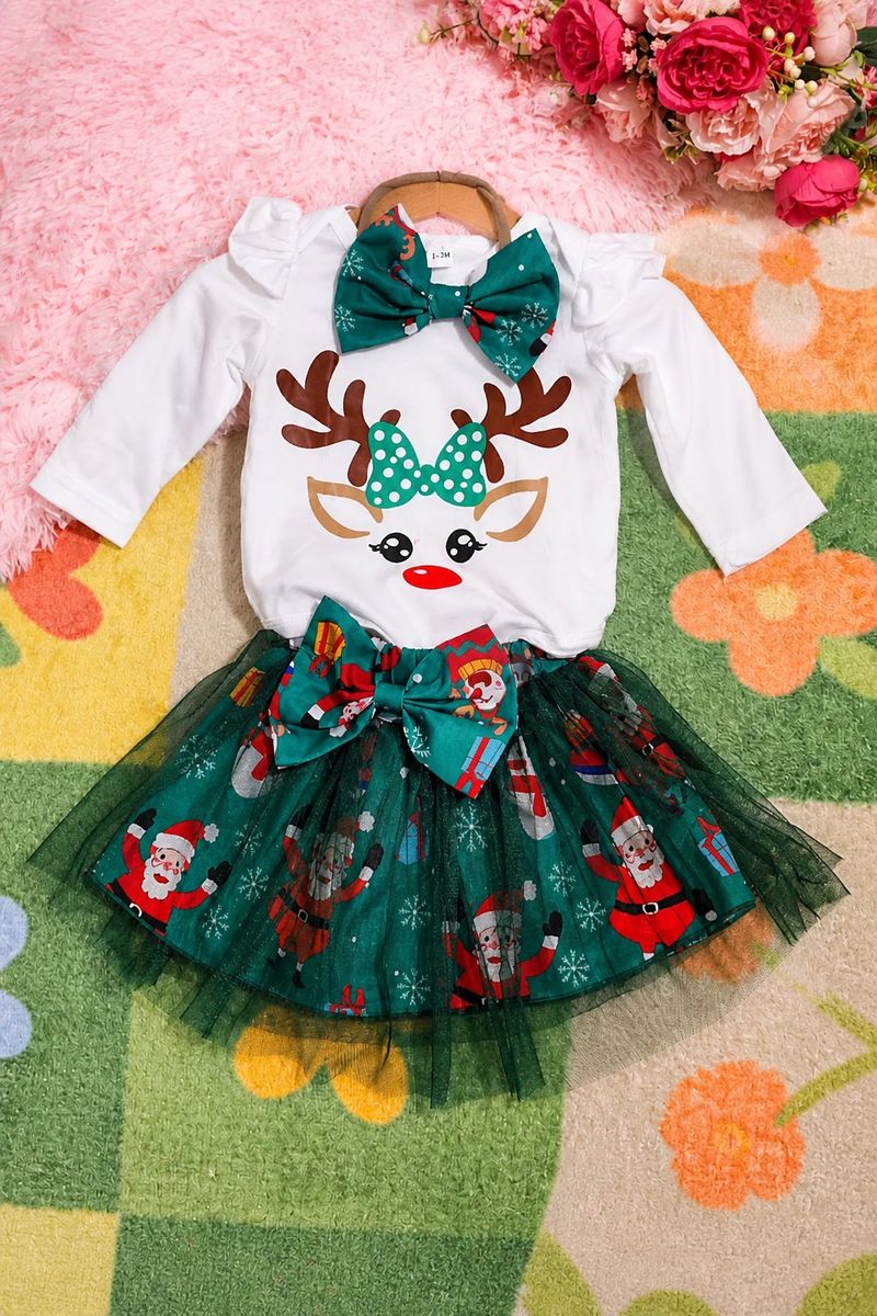 Baby Girl Christmas Reindeer Bodysuit and Santa Tutu Skirt Set with Headband