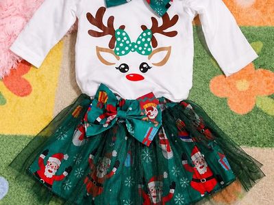 Baby Girl Christmas Reindeer Bodysuit and Santa Tutu Skirt Set with Headband