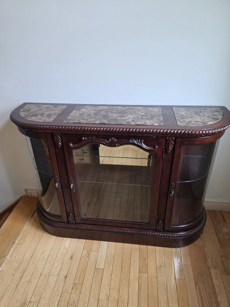 Elegant Curved Wood & Marble Console Table / Display Cabinet - Glass Doors & Shelves