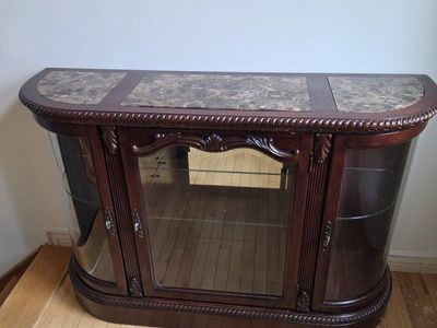 Elegant Curved Wood & Marble Console Table / Display Cabinet - Glass Doors & Shelves