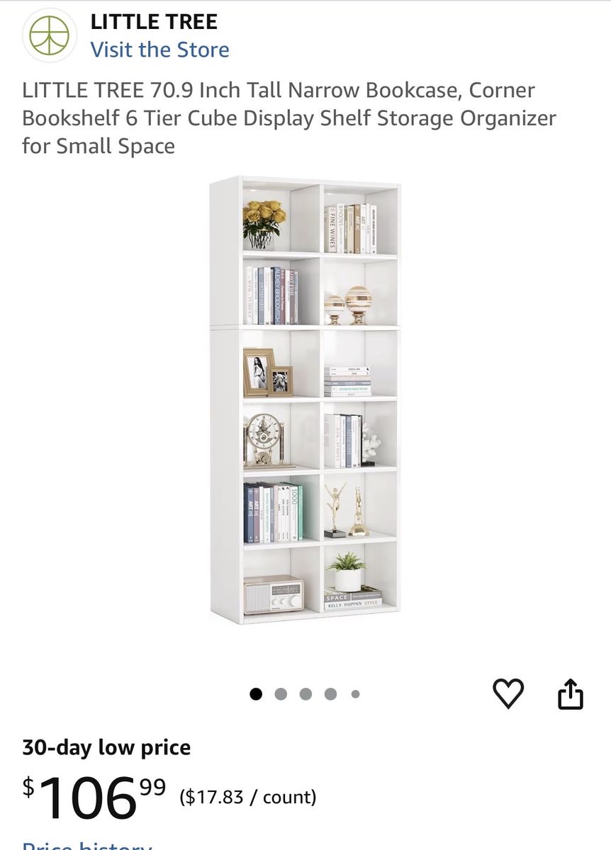 LITTLE TREE 70.9" White 6-Tier Cube Display Shelf Narrow Bookcase Storage Organizer
