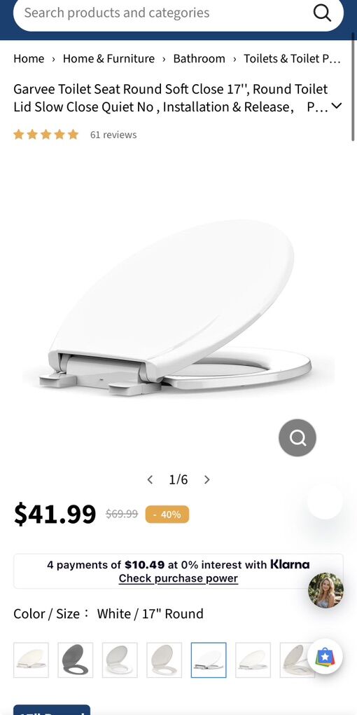 Garvee 17” Round Soft-Close Toilet Seat New In Box