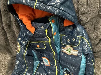 Miles from Tomorrowland Puffer Jacket Size 5-6 with Hood, Space Theme & Character Patch & toys.