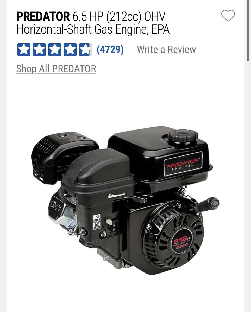 PREDATOR 6.5 HP (212cc) OHV Horizontal-Shaft Gas Engine, EPA, New in Box, 8.1 ft-lbs Torque