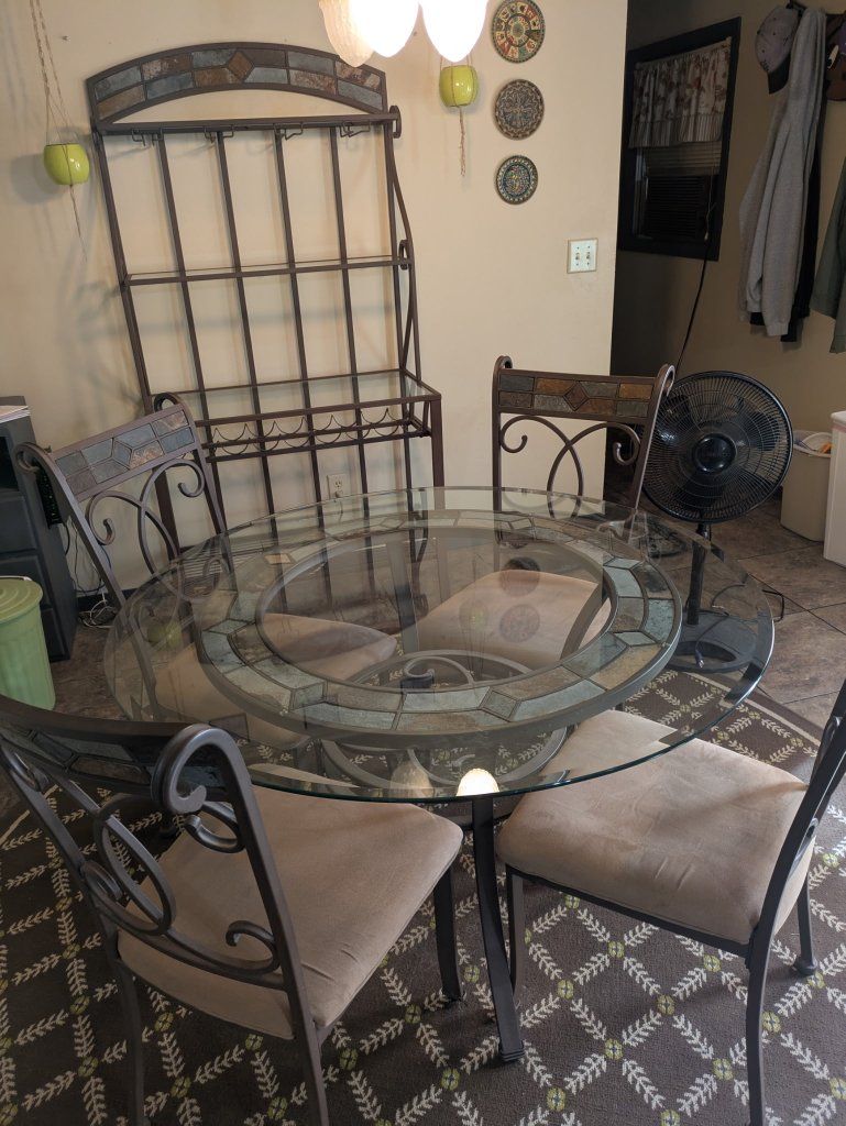 Wrought Iron Baker's Rack w/ Glass Shelves & Slate Tile Accent - Wine Storage. Table and 4 chairs