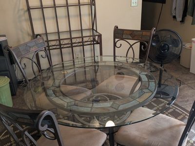 Wrought Iron Baker's Rack w/ Glass Shelves & Slate Tile Accent - Wine Storage. Table and 4 chairs