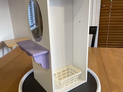Wooden Doll Clothes Armoire w/ Mirror, Shelves, Hanging Rod, turntable included for ease of use. Available in White/Pink/Purple