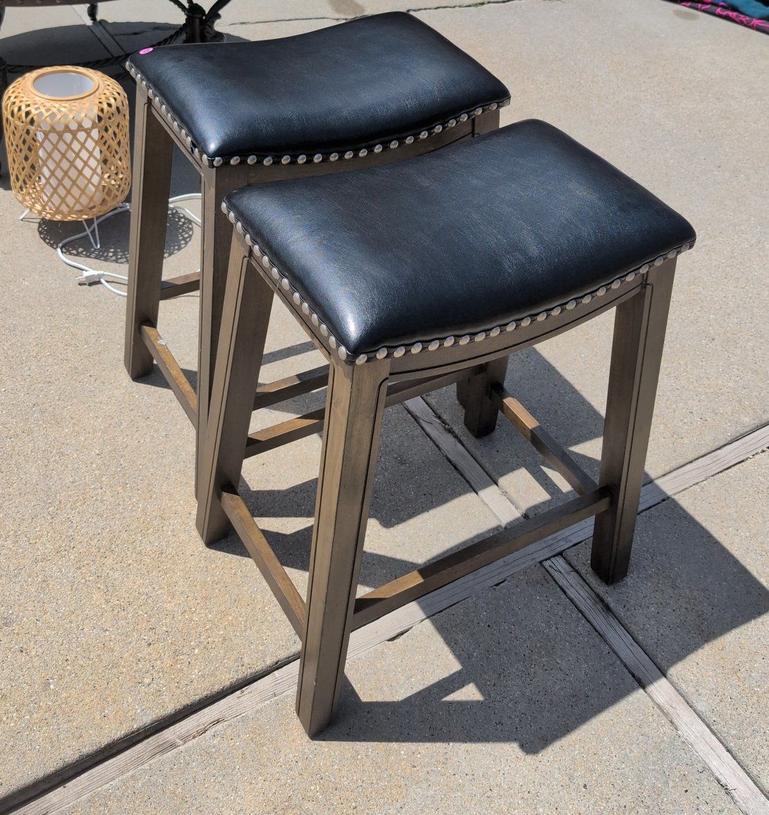 Pair of Wooden Counter Stools with Black Faux Leather Seats