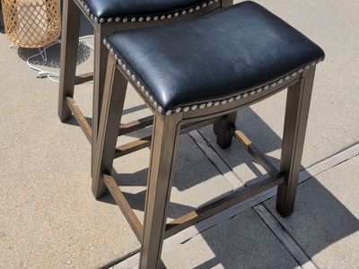 Pair of Wooden Counter Stools with Black Faux Leather Seats