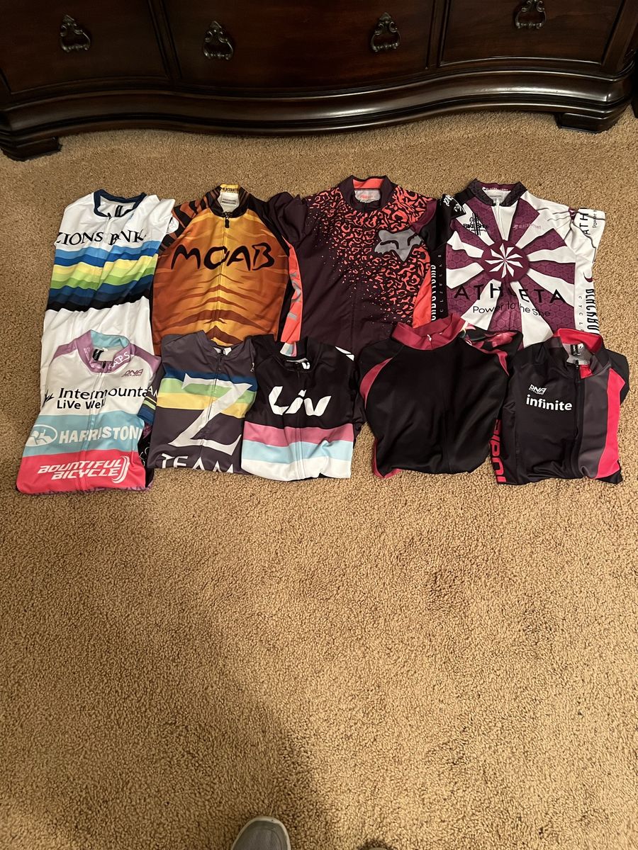 Women's Cycling Jersey & Bib Lot - S/M, Fox, Liv, Athleta, Zions Bank, Moab, Intermountain, DNA