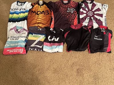 Women's Cycling Jersey & Bib Lot - S/M, Fox, Liv, Athleta, Zions Bank, Moab, Intermountain, DNA