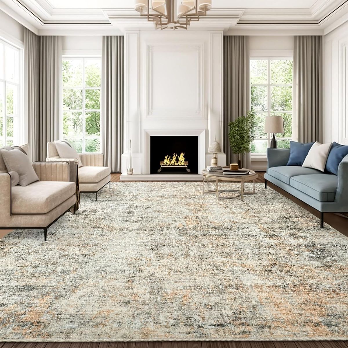 NEW 9x12 Area Rugs for Living Room, Non-Slip Machine Washable Vintage Rugs Orange Brown