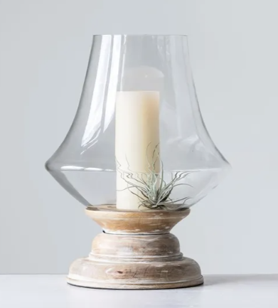 Gorgeous Modern Farmhouse VINTAGE Hand blown glass and mango wood hurricane/candle holder
