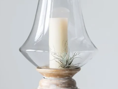Gorgeous Modern Farmhouse VINTAGE Hand blown glass and mango wood hurricane/candle holder