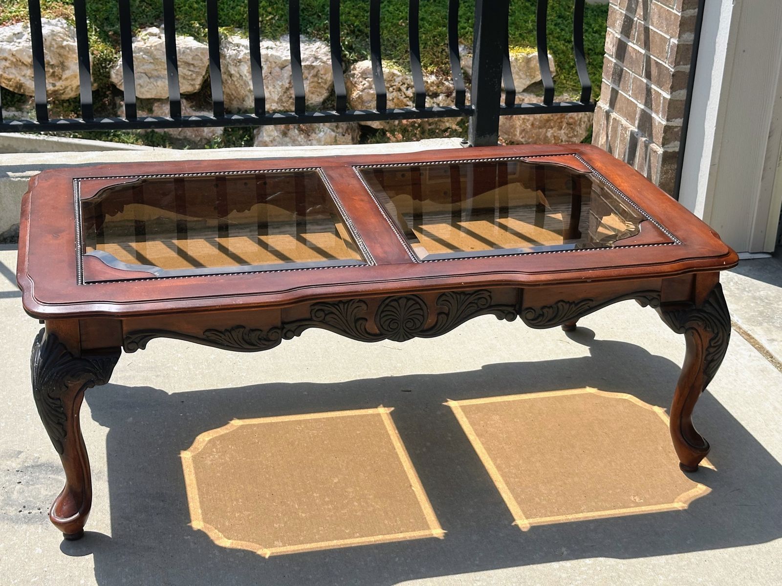 Vintage Traditional Carved Wood Coffee Table with Glass Top Inserts
