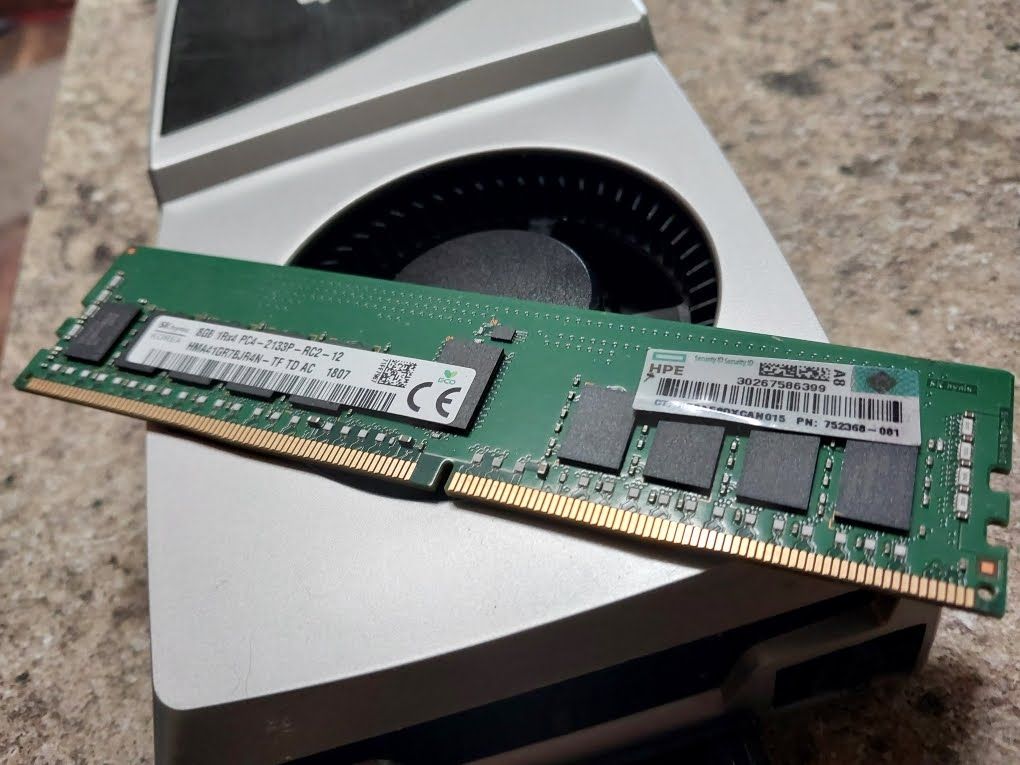 16 ct. 8 GB RAM RDIMM sticks, MSI brand GPU, Nvidia Quadro GPU, Server rack fan array