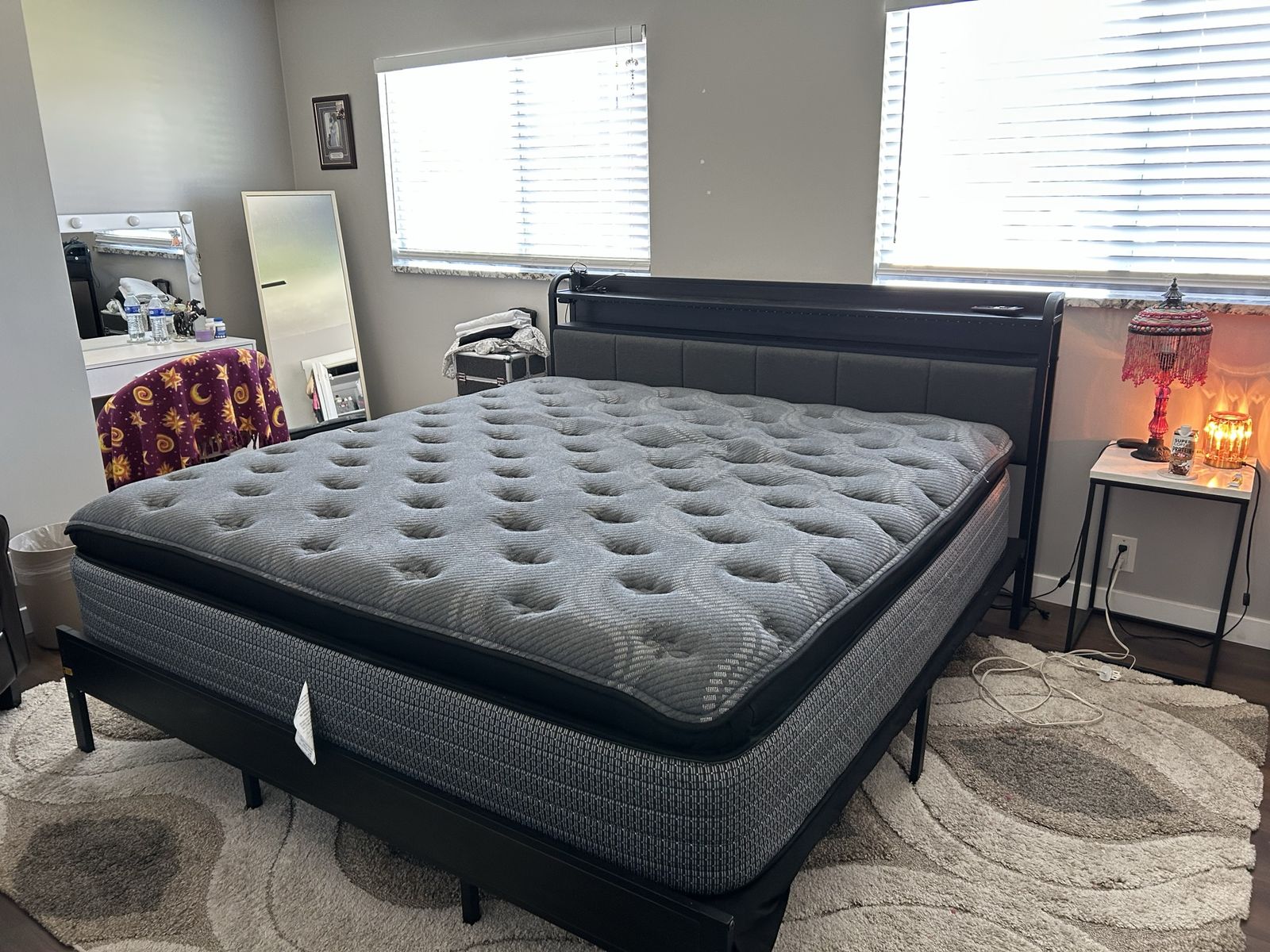 King Size Bed Frame w/ LED Lights & Charging Ports