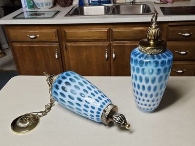 Rare Fenton Opalescent Glass Blue Dot Swag Lamps Vintage MCM