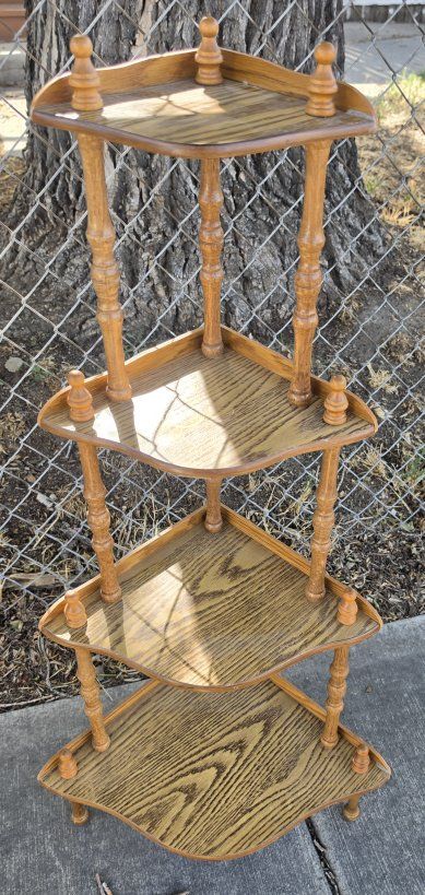 Vintage Wood Corner Shelf Unit - 4-Tier Display Stand, Spindle Legs, Medium Brown Finish