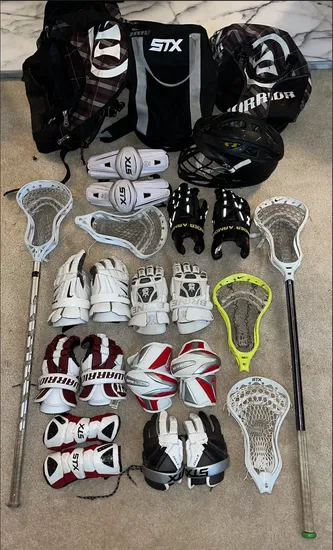 Lacrosse Gear Lot — Sticks, Helmet, Gloves, Pads & Bag