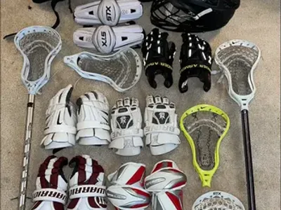 Lacrosse Gear Lot — Sticks, Helmet, Gloves, Pads & Bag