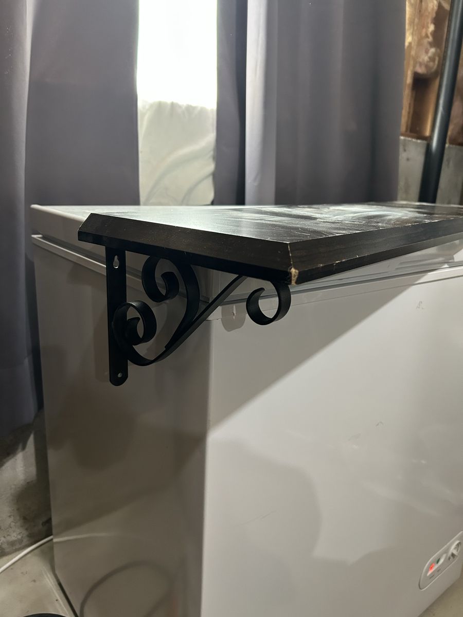 Decorative Dark Brown Wooden Wall Shelf with Dark brown Iron Scroll Brackets