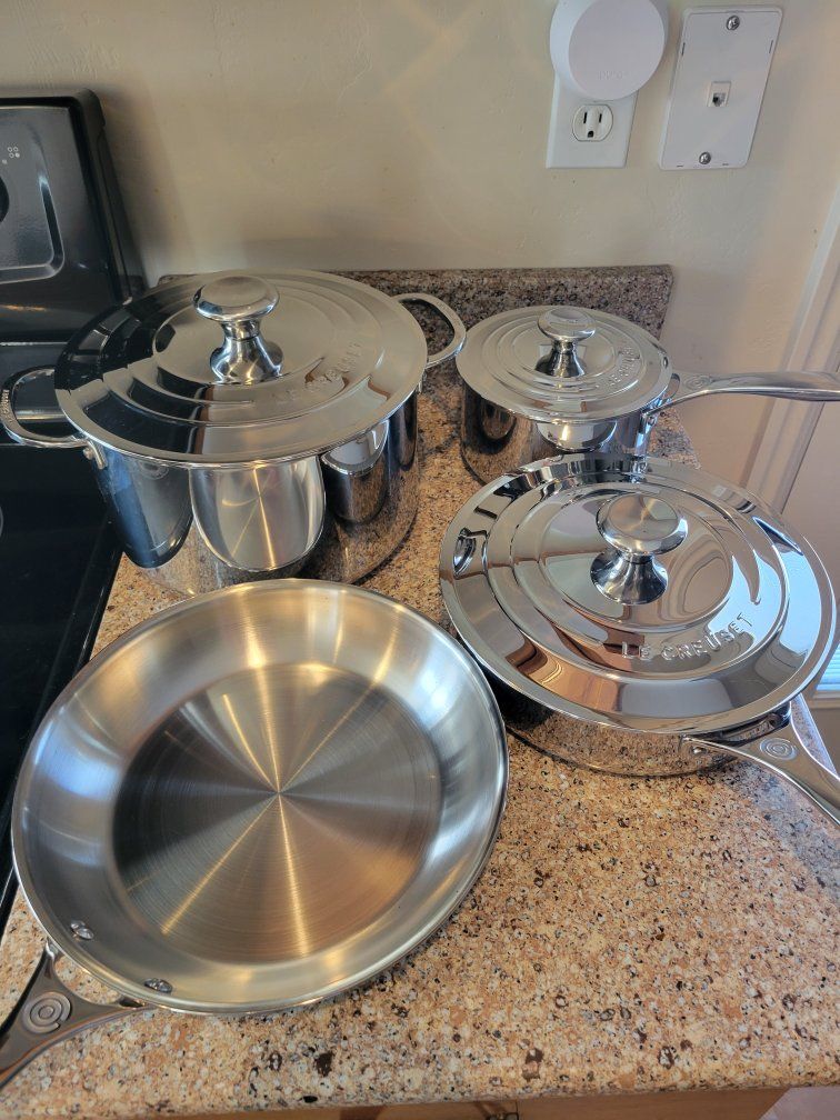 Le Creuset Stainless Steel Cookware Set Pots and Pans with Lids Used