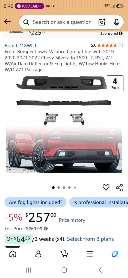 Front Bumper Lower Valance for 2019-2022 Chevy Silverado 1500 LT/RST/WT, W/Tow Hooks