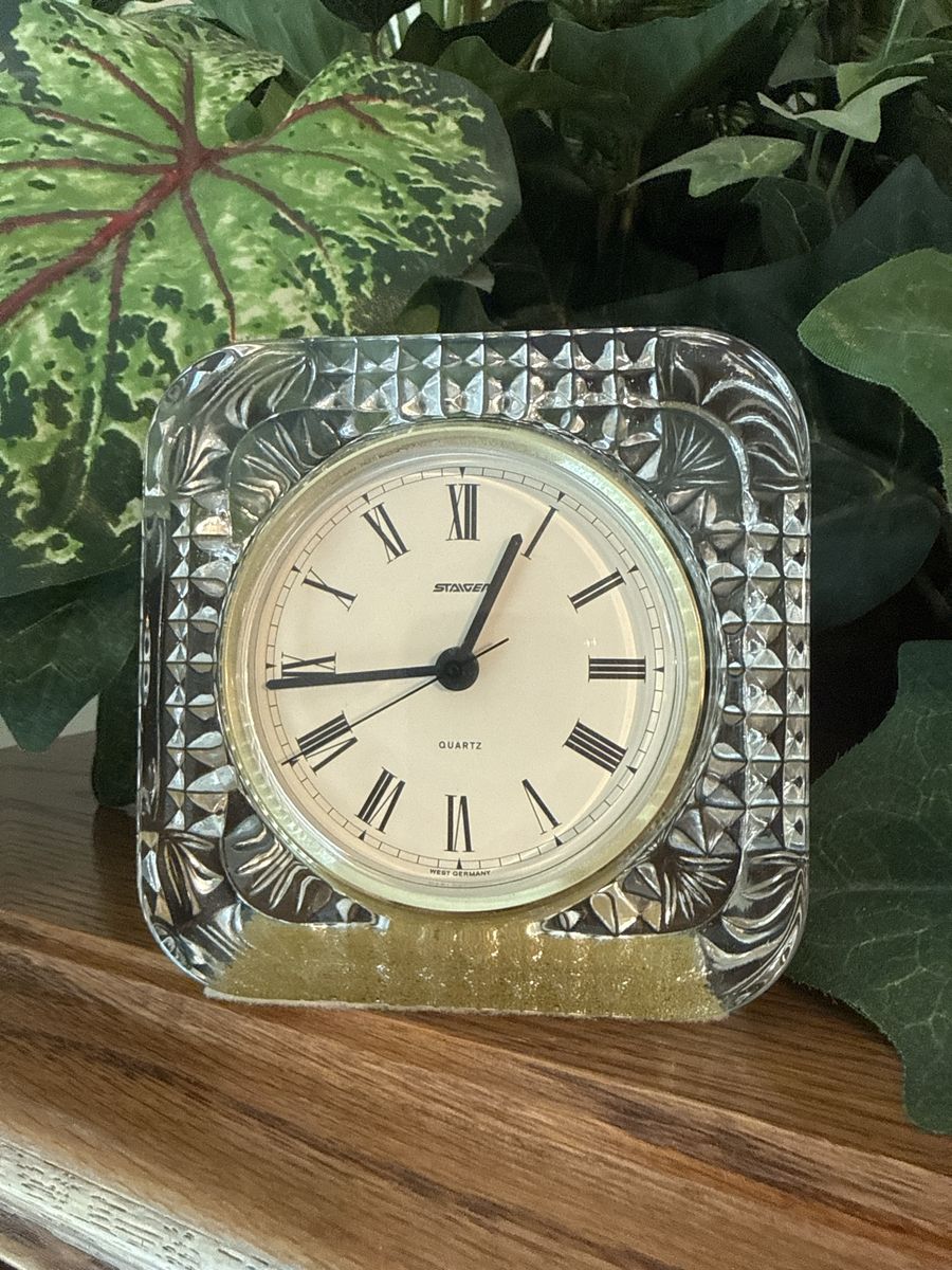 Vintage Staiger Quartz West Germany Cut Glass Mantel Desk Clock Roman Numerals