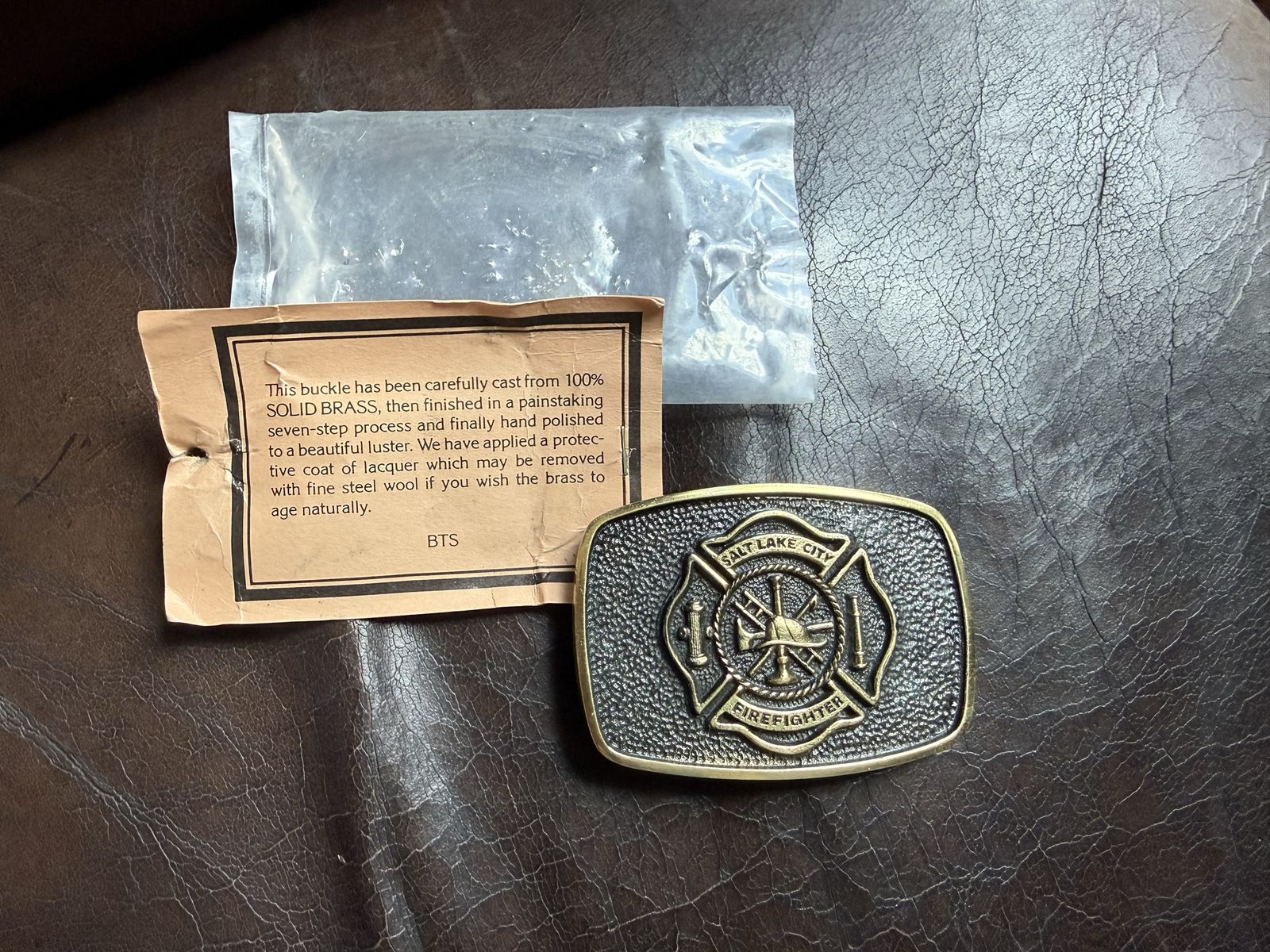 Rare Solid brass Salt Lake City firefighter belt buckle 3.5 L X 2.5 T