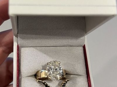 3.2 Carat Lab Grown Oval Diamond Ring & Black Baguette Enhancer Yellow Gold