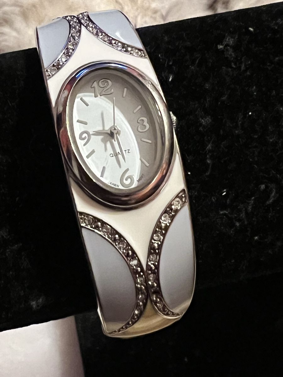 Quartz Bangle Watch, Silver Tone with Crystal Accents and White/Blue Enamel (needs battery)