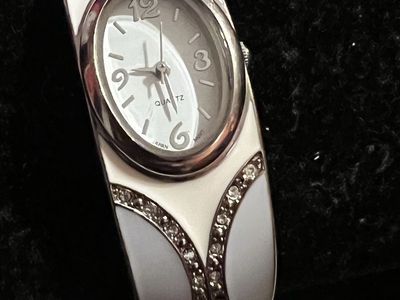 Quartz Bangle Watch, Silver Tone with Crystal Accents and White/Blue Enamel (needs battery)