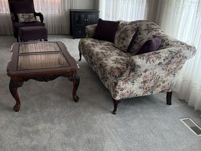Vintage Floral Sofa, Armchair, Ottoman & Glass Top Coffee Table Living Room Set