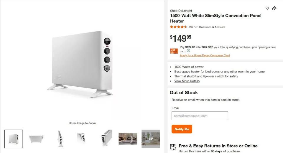 White Slim Space Heater Convection Panel; 1500W