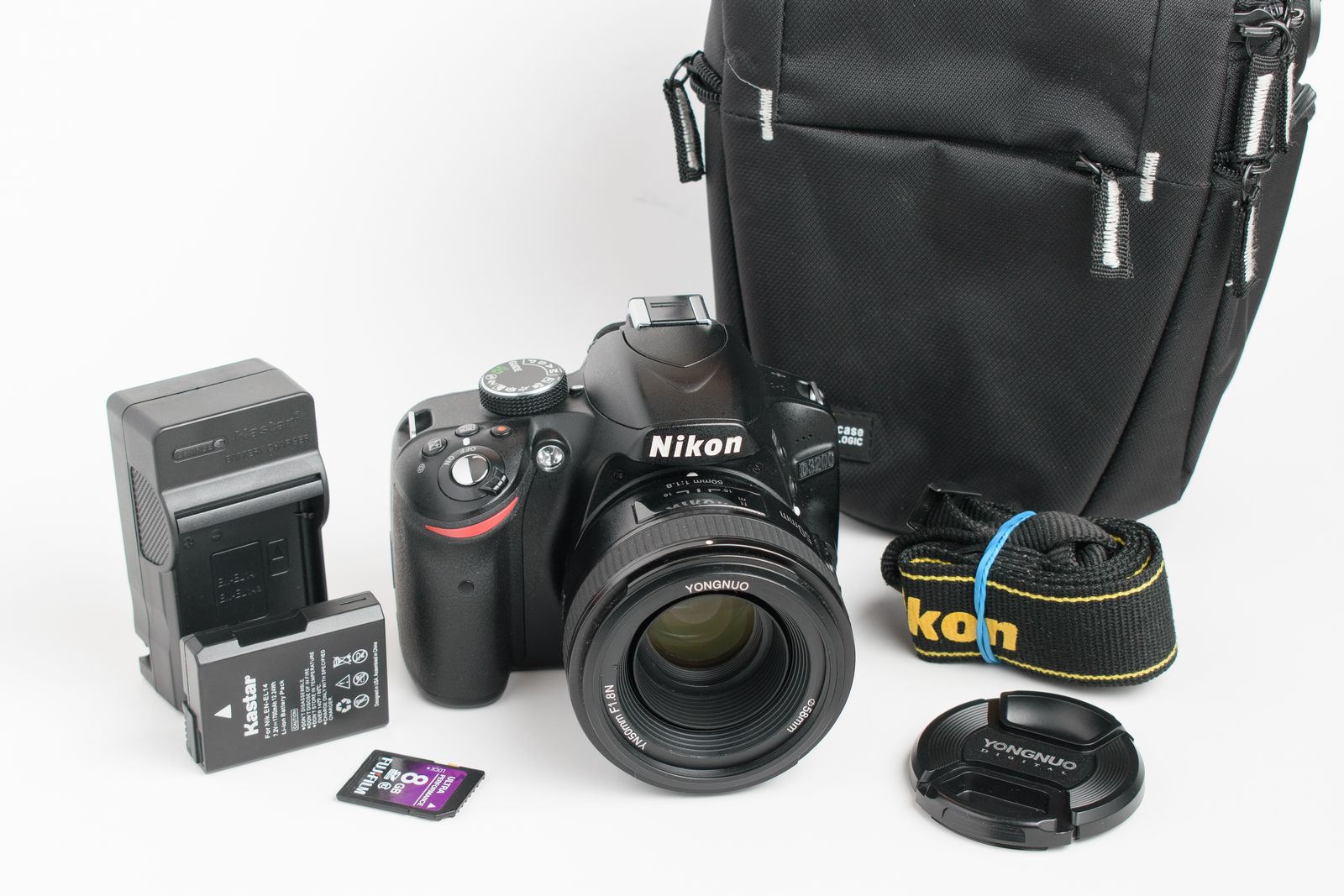 Nikon D3200 24.2Mp camera with Yongnuo 50mm f/1.8 lens. Works great!