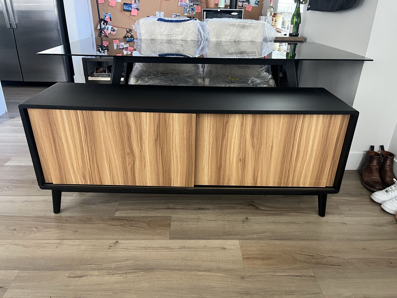 Modern Black & Wood Grain Media Console with Sliding Doors - New Condition