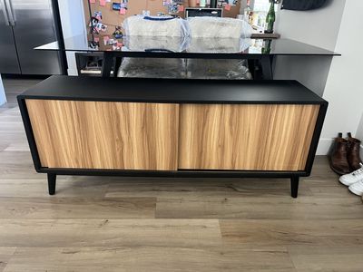 Modern Black & Wood Grain Media Console with Sliding Doors - New Condition