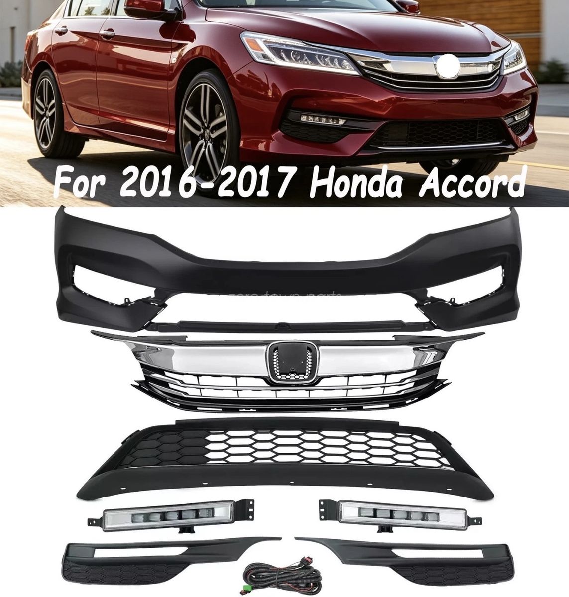 Front Bumper Cover Grille Fog Lights for 2016-2017 Honda Accord Sedan EX/EX-L/Sport/LX/Touring