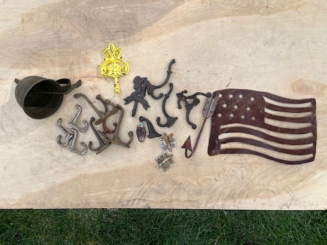 Antique coat hooks, wall decor, American flag, etc.