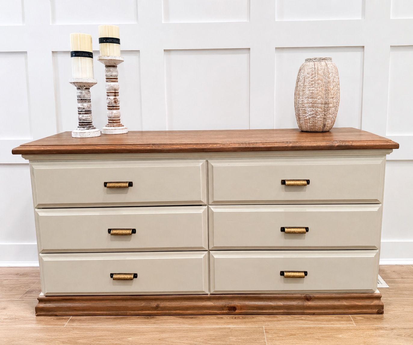 Large cream dresser with wood accents