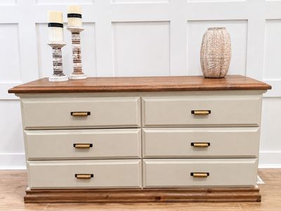 Large cream dresser with wood accents