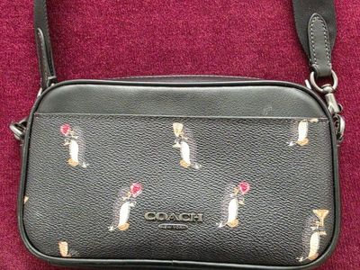 Coach New York Black Leather Penguin Motif Camera Bag Crossbody Adjustable Strap