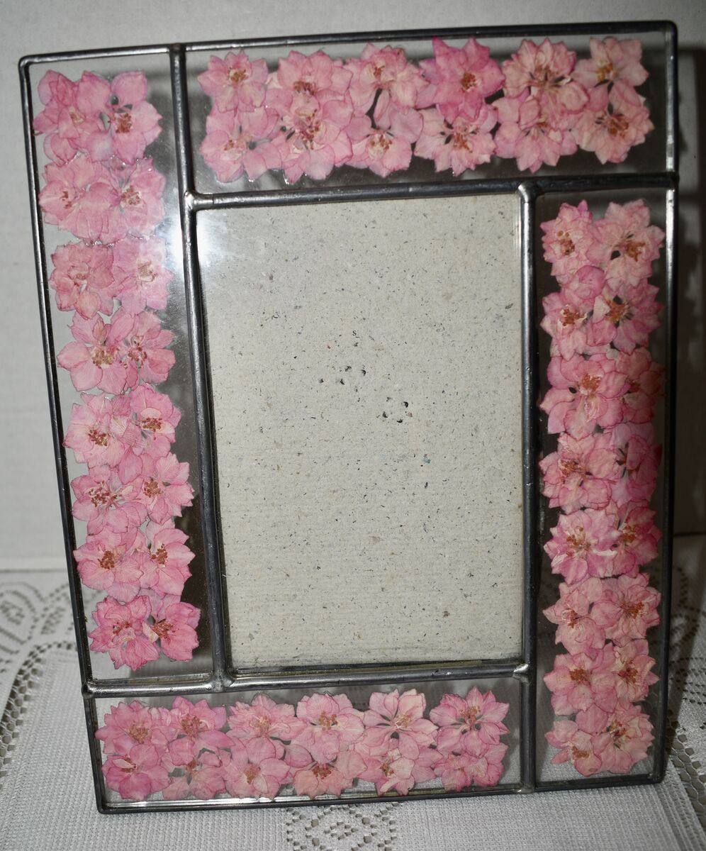 Beautiful Leaded Glass Frame With Dried Pink Flowers Inside The Glass